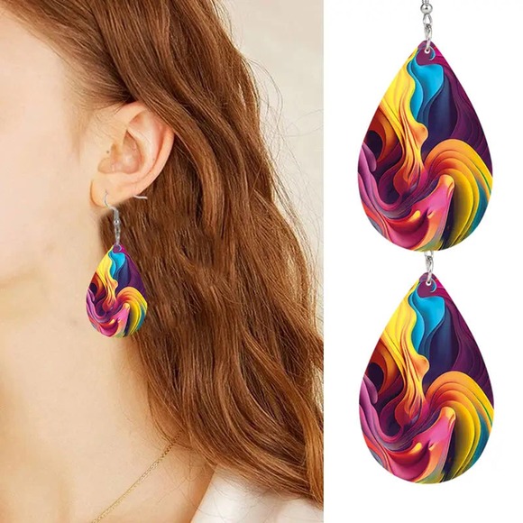 Colorful Streamer Print Teardrop Dangle Earrings Bohemian Style PU Leather - Picture 2 of 4